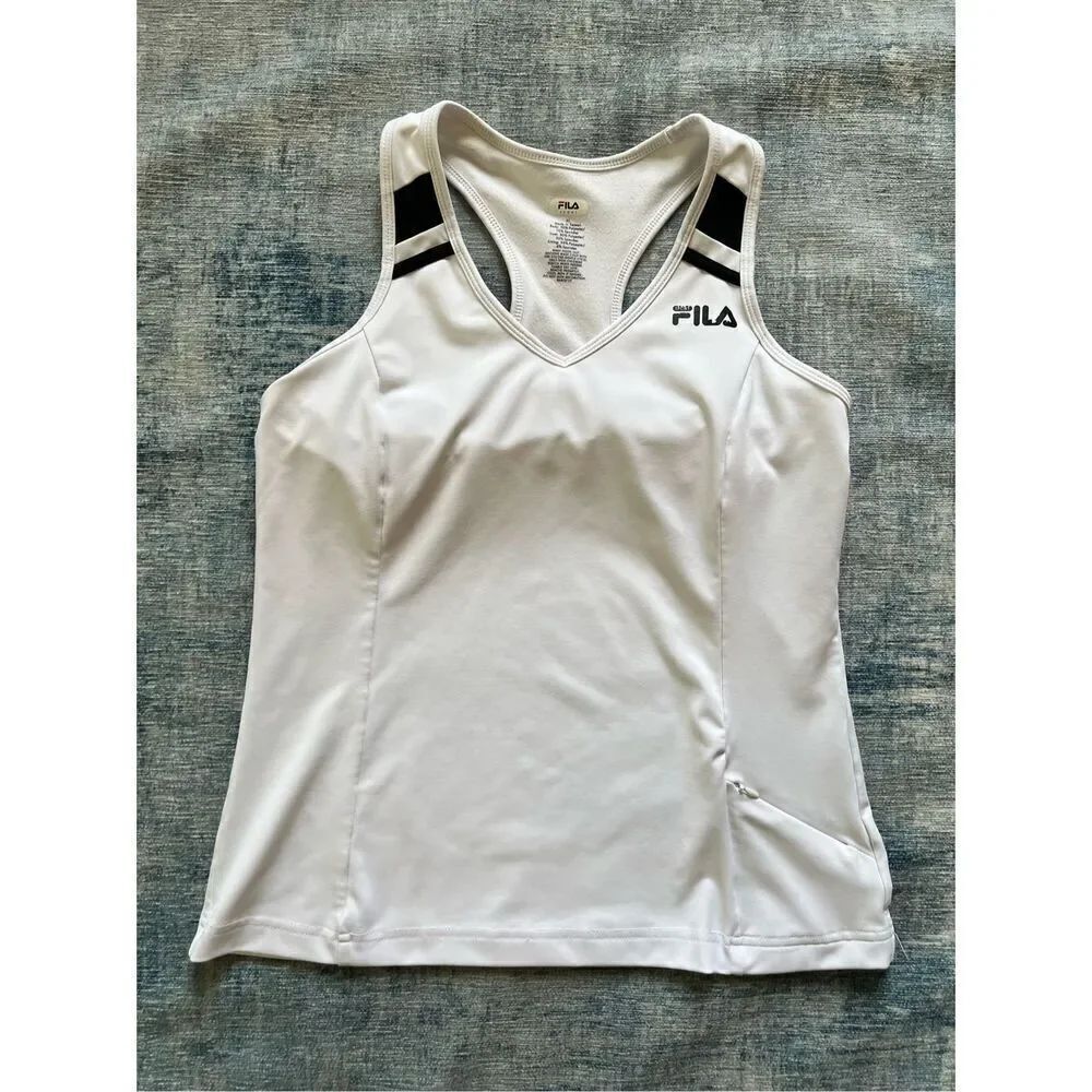 Fila Sport White Black Athletic Racerback Tank Top w Pocket Medium